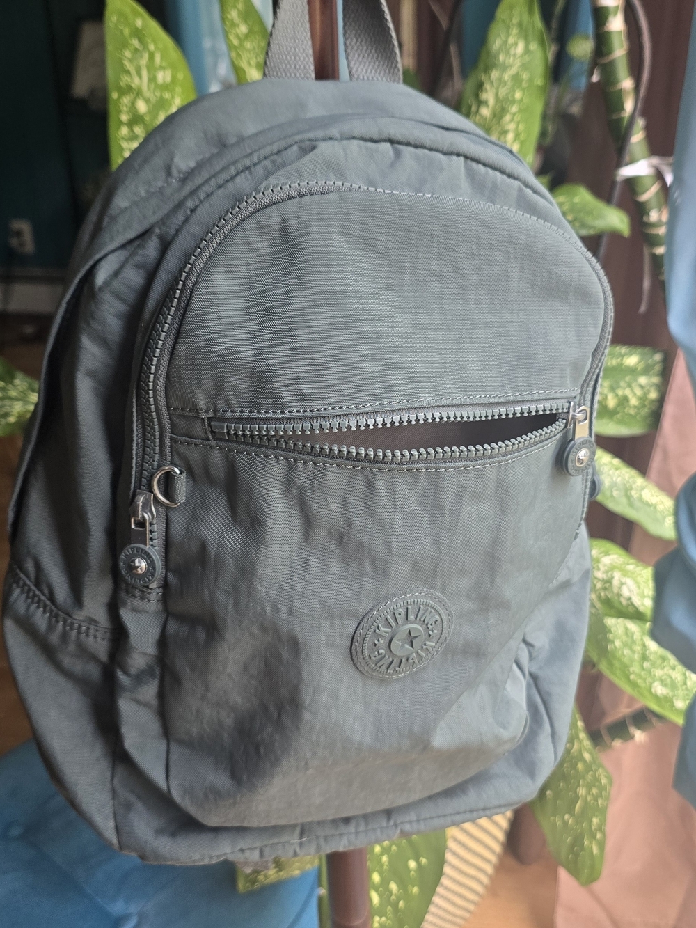 Kipling Slate Green Compact Backpack with Front Zip Pocket